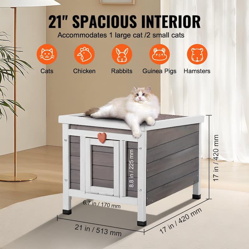 Grey Wooden Outdoor Cat House with Asphalt Openable Roof and Removable PVC Door - 21” x 17’ x 17”