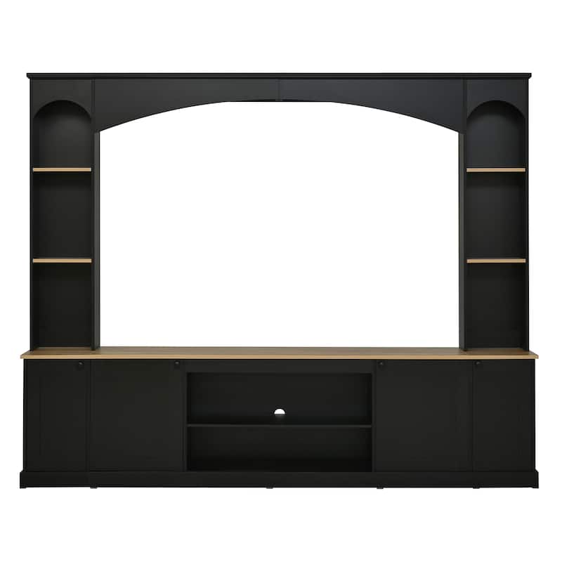 91" Farmhouse Arched Entertainment Center for TVs Up to 70" - Wood Grain TV Stand with Bookshelf & Adjustable Shelves