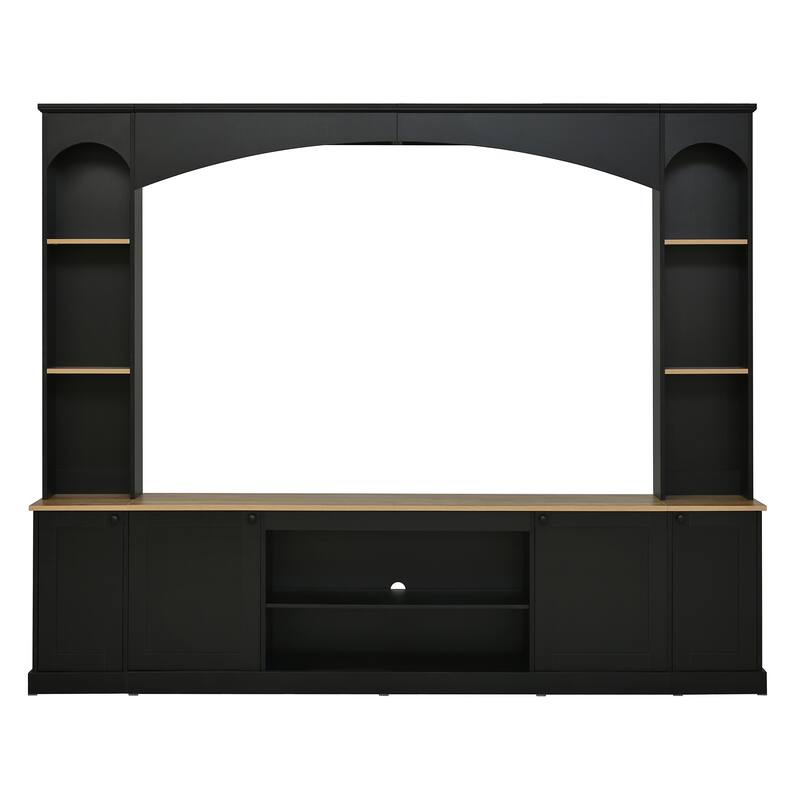 Elegant Arched Entertainment Center Wall Unit with Bookshelf, Farmhouse TV Stand with Wood Grain for TVs Up to 70"