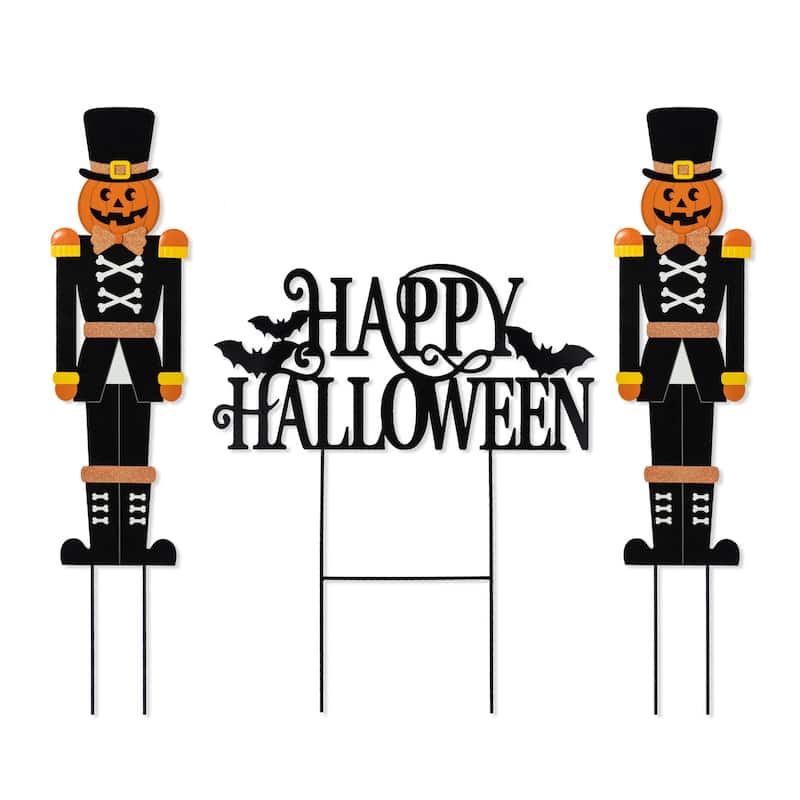 Glitzhome 32"H Set of 2 Halloween Metal Nutcracker and HAPPY HALLOWEEN Yard Stake