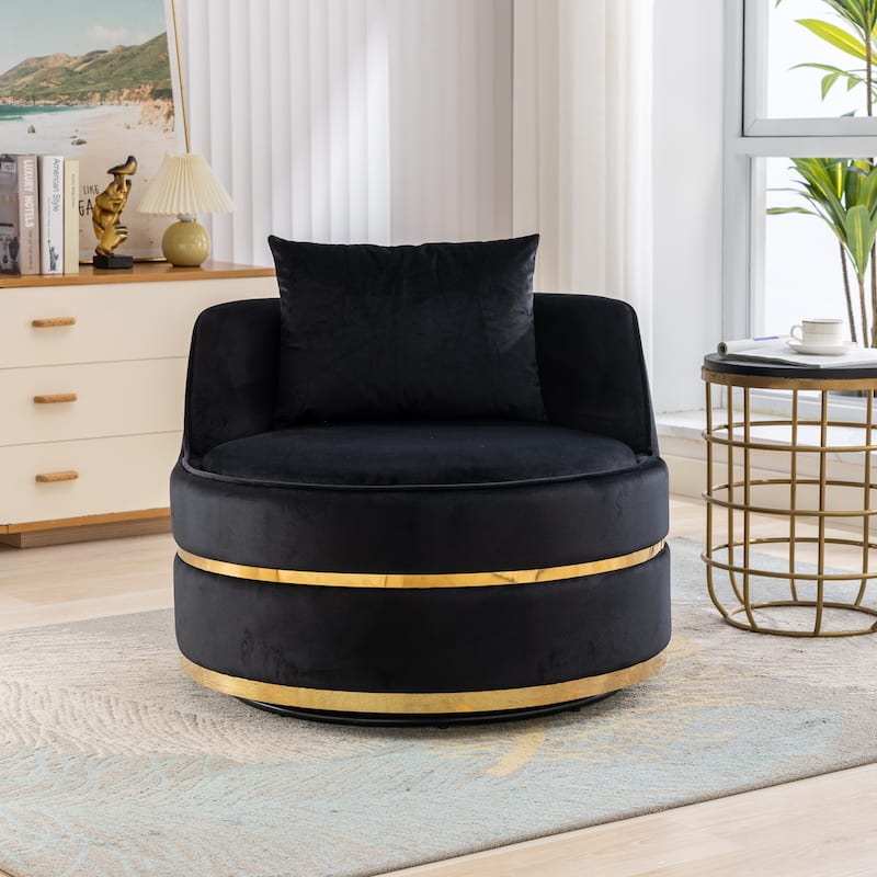 360 Degree Swivel Accent Chair Velvet Modern Upholstered Barrel Chair Over-Sized Soft Chair with Seat Cushion - Black
