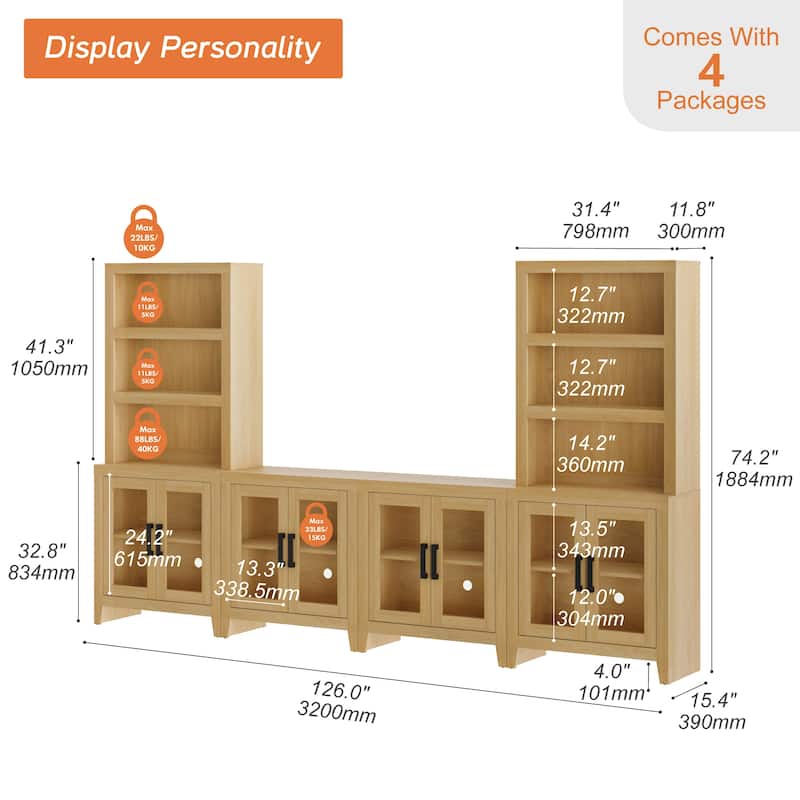 WAMPAT Farmhouse Entertainment Center with Bookshelves, Modular TV Stand with Storage Cabinets & Glass Doors
