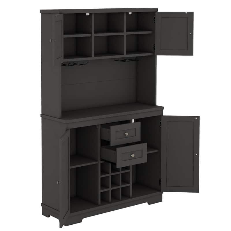 Farmhouse Home Bar Wine Storage Cabinet, Buffet Sideboard Kitchen Pantry with Adjustable Shelves, Drawers & Wine Glass Racks