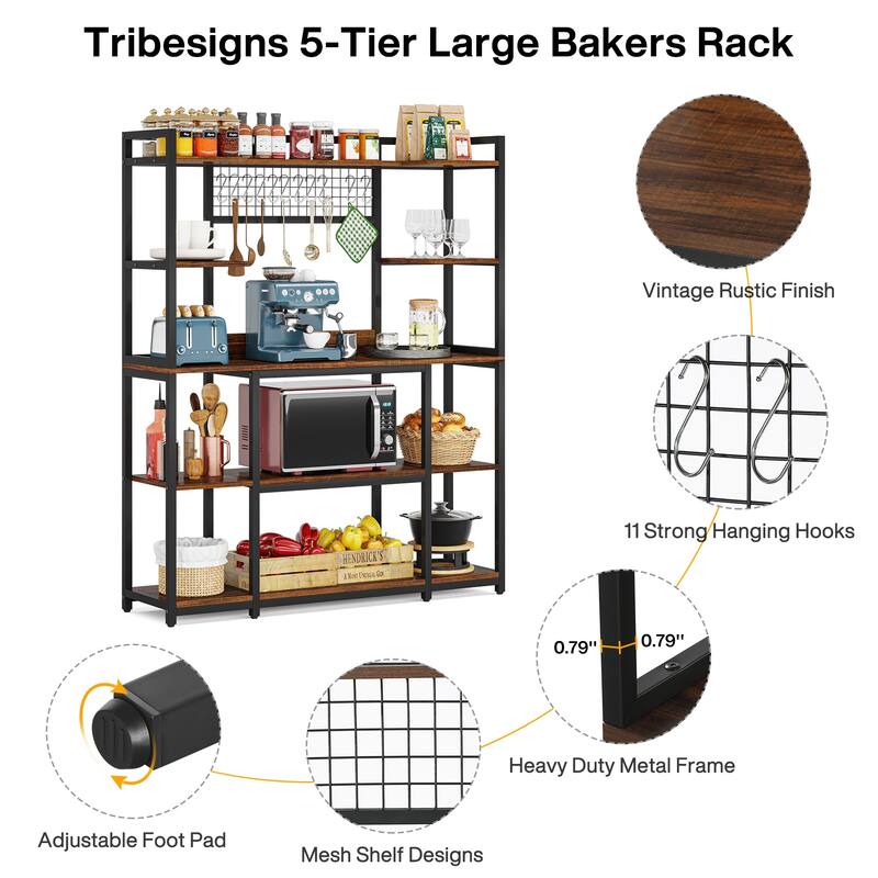 5-Tier Large Kitchen Bakers Rack, 55" Storage Shelf with 11 Hooks