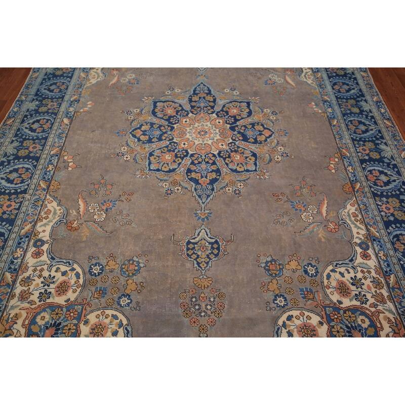 Grey Tabriz Persian Vintage Area Rug Hand-Knotted Bedroom Wool Carpet - 7'10" x 11'0"
