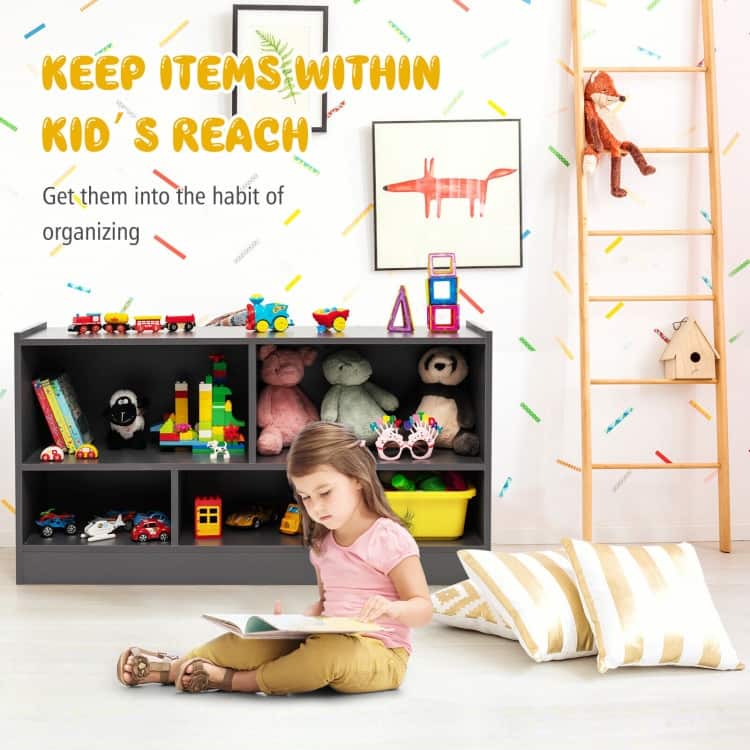 Children's Wooden Toy Storage Cabinet with 2 Shelves and 5 Cubes - 44" x 12" x 24" (L x W x H)