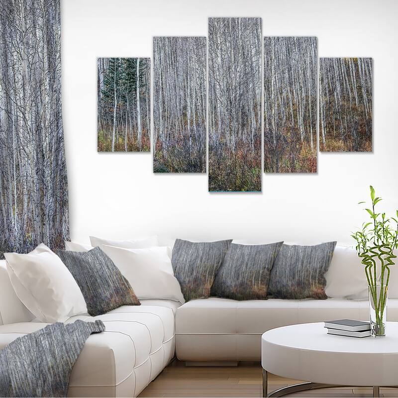 Designart "Maroon Bells Mountain View" Modern Forest Canvas Art - 60 in. wide x 32 in. high - 5 Panels Diamond Shape
