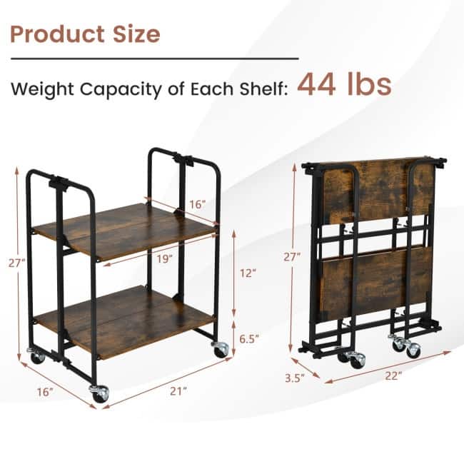 2-Tier Folding Rolling Cart with Metal Frame-Rustic Brown - 21" x 16" x 27" (L x W x H)