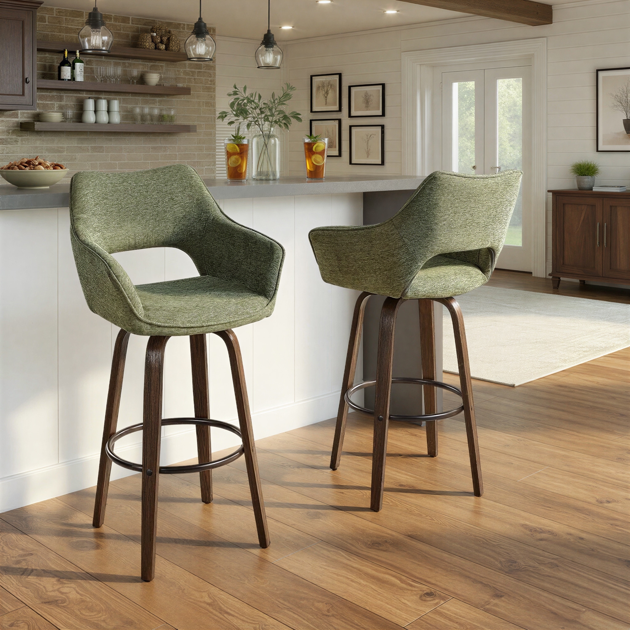 Porch & Den Mac 30" Fixed-Height Upholstered Bar Stool with Bent Wood Legs & Round Footrest (Set of 2)