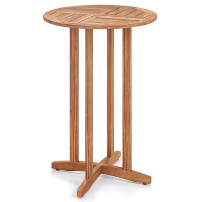 Natural Acacia Wood Outdoor Bar Table 28" Round Slatted Top with Adjustable Feet - 28" L X 28" W x 39" H