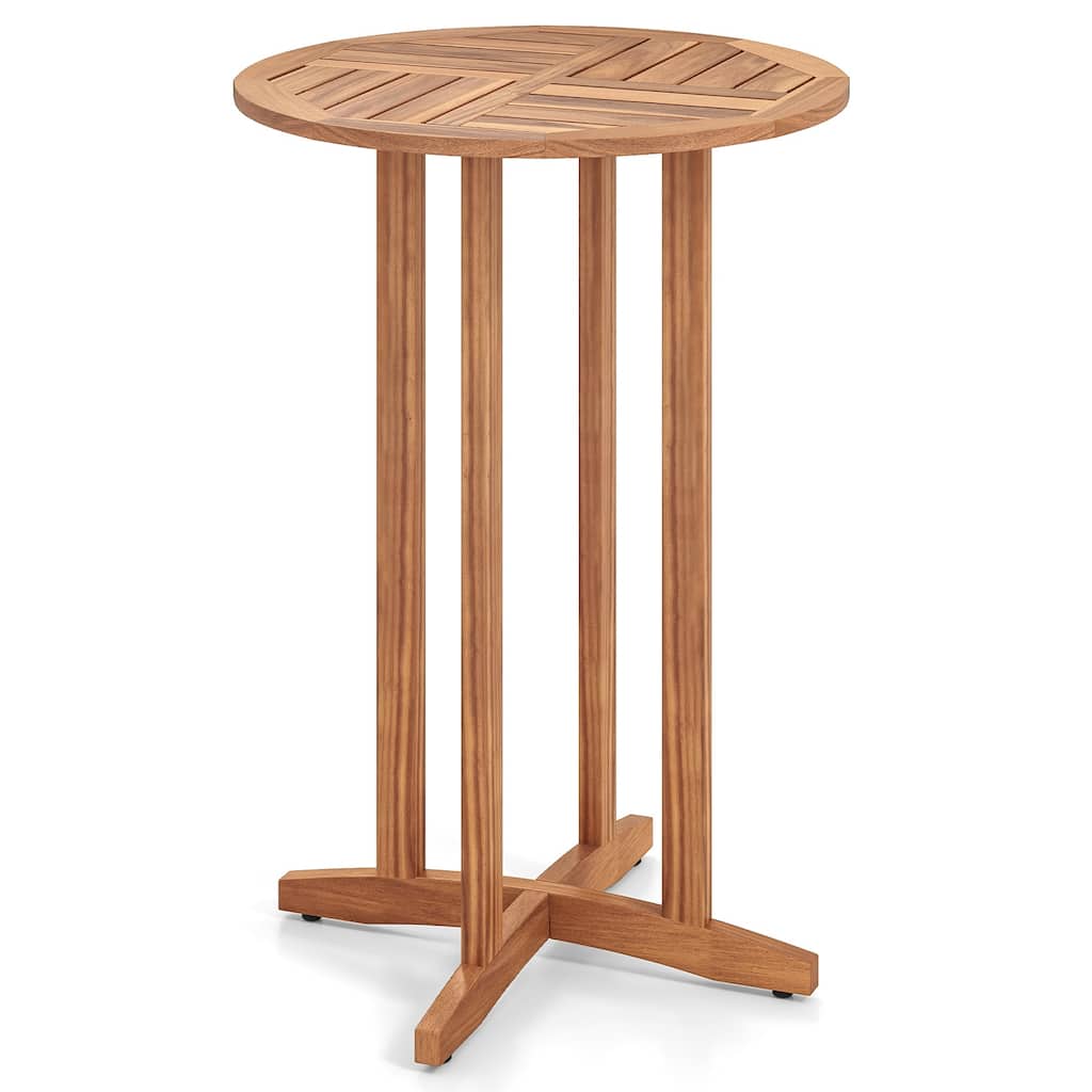 Natural Acacia Wood Outdoor Bar Table 28" Round Slatted Top with Adjustable Feet - 28" L X 28" W x 39" H