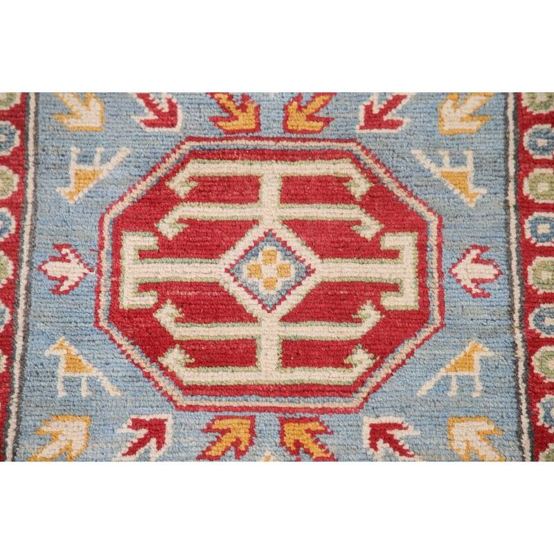 Light Blue Kazak Runner Rug Hand-Knotted Oriental Wool Carpet - 2'7" x 13'0"