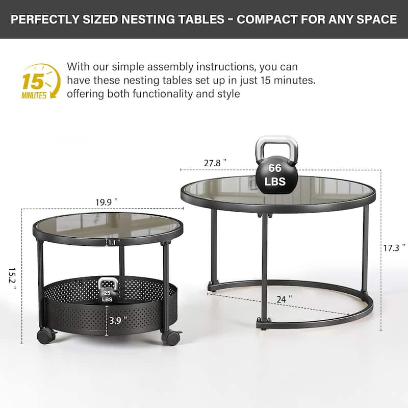 Meyreso No Assembly Required Long Plush L-Shaped Sectional Sofa with Round Nesting Coffee Tables