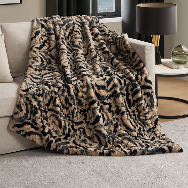 Nine West Travel Microfiber/Faux Fur Ombre Stripe Throw Blanket