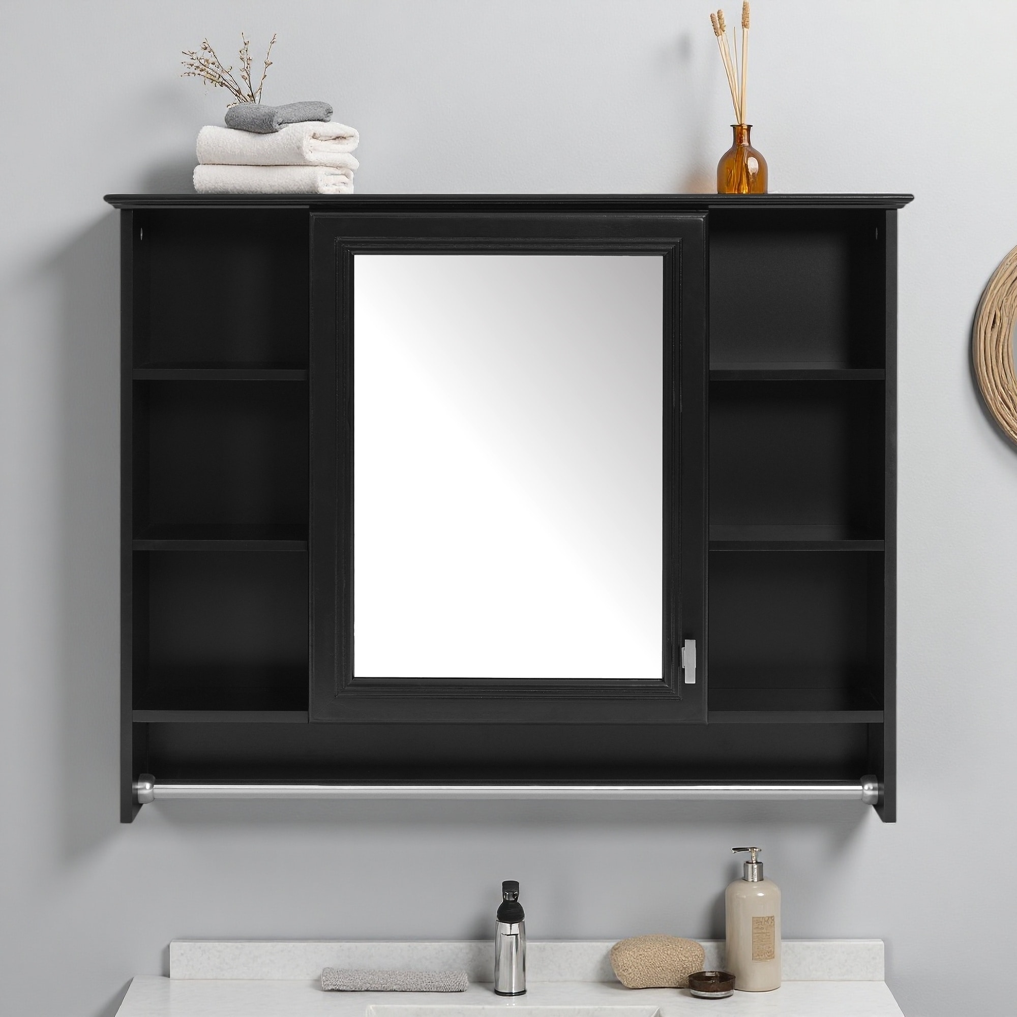 36-Inch Wall-Mounted 3-in-1 Bathroom Mirror Cabinet with Adjustable Shelf & Soft Close Door, High-Definition Mirror, Towel Bar