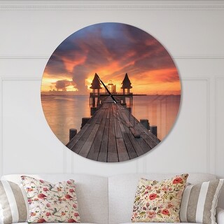 Designart 'Glowing Sky and Long Wooden Bridge' Oversized Coastal Wall CLock