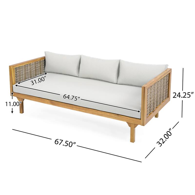 Acacia Wood Daybed with Rattan Arms Slat Paneling and Water Resistant Cushions