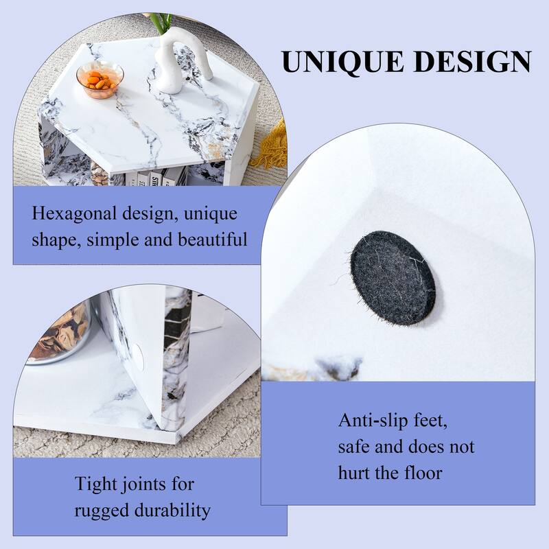Roomfitters Hexagonal MDF Coffee Table with Patterned Finish, Multi-Hole Storage Design for Any Room Style