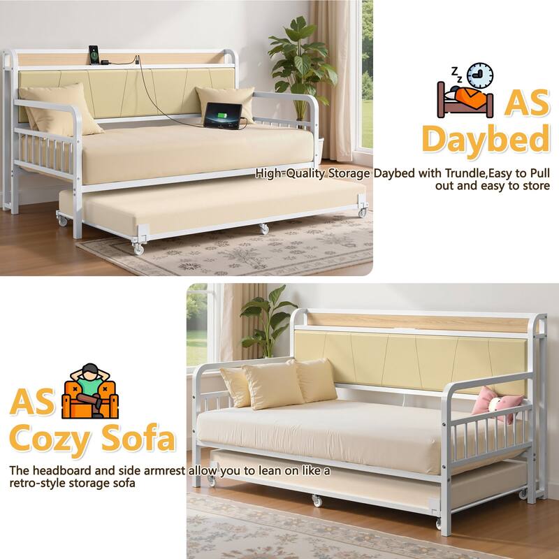 Javlergo White Modern Daybed with Trundle PU Leather Wood Headboard featuring AC USB Outlets for Living Room Bedroom Guest Room