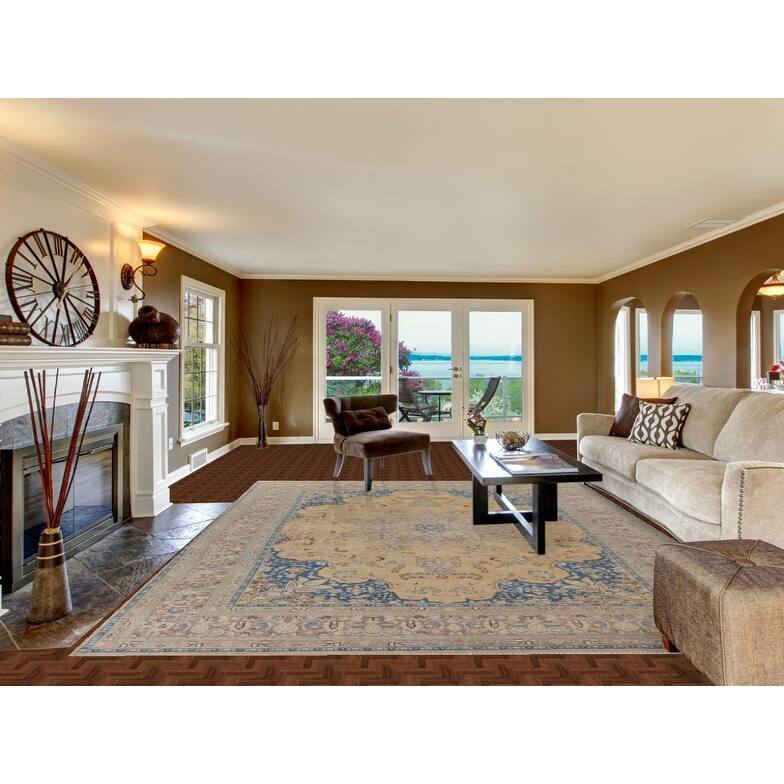 Hand Knotted Oriental 100% Wool Carpet Traditional Floral Yellow & Gold Mashad Area Rug - 12' 8'' X 9' 7''