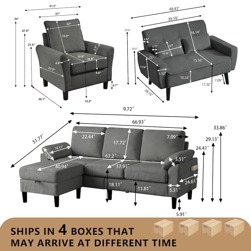4-Piece Corduroy Living Room Sectional Sofa Set with Loveseat and Chair