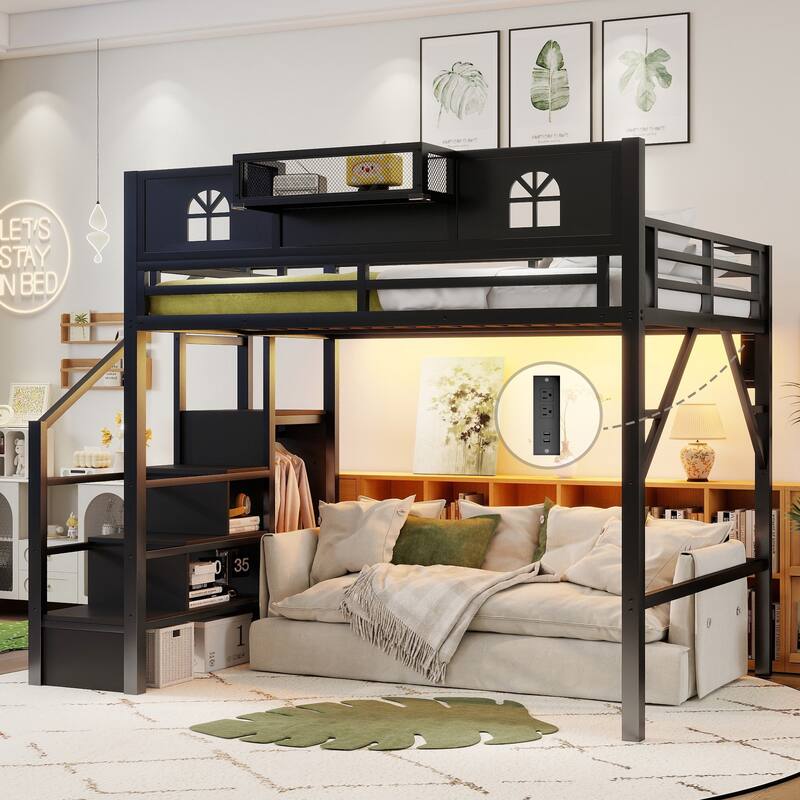 High Loft Bed Frame with Storage Stairs and Wardrobe, Loft Metal Frame Bed with High House Shaped Guardrails for Kid Teens - Black - Full