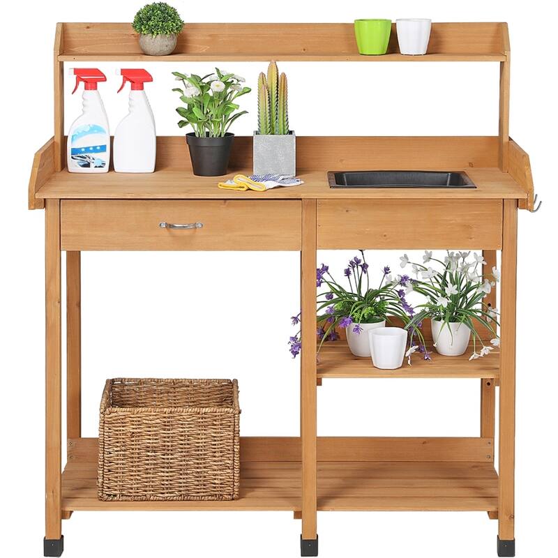 Yaheetech Garden Potting Bench Planting Bench with Sink Drawer Rack - N/A