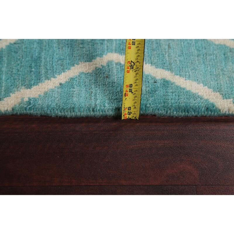 Turquoise Trellis Moroccan Vegetable Dye Area Rug Handmade Wool Carpet - 6'4" x 9'5"
