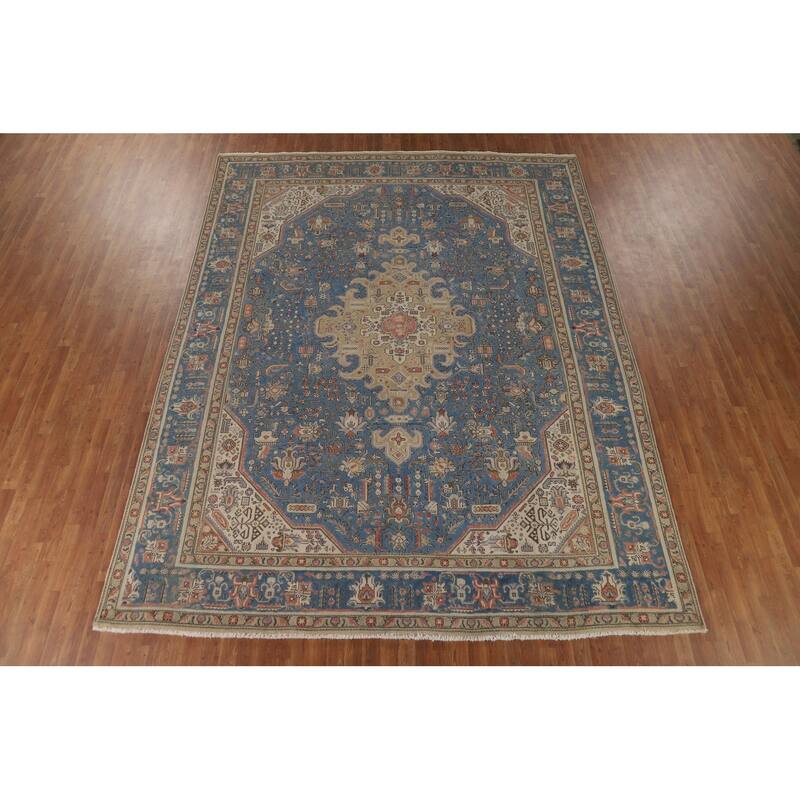 Blue Tabriz Vintage Persian Rug Handmade Wool Carpet - 9'10" x 12'9"