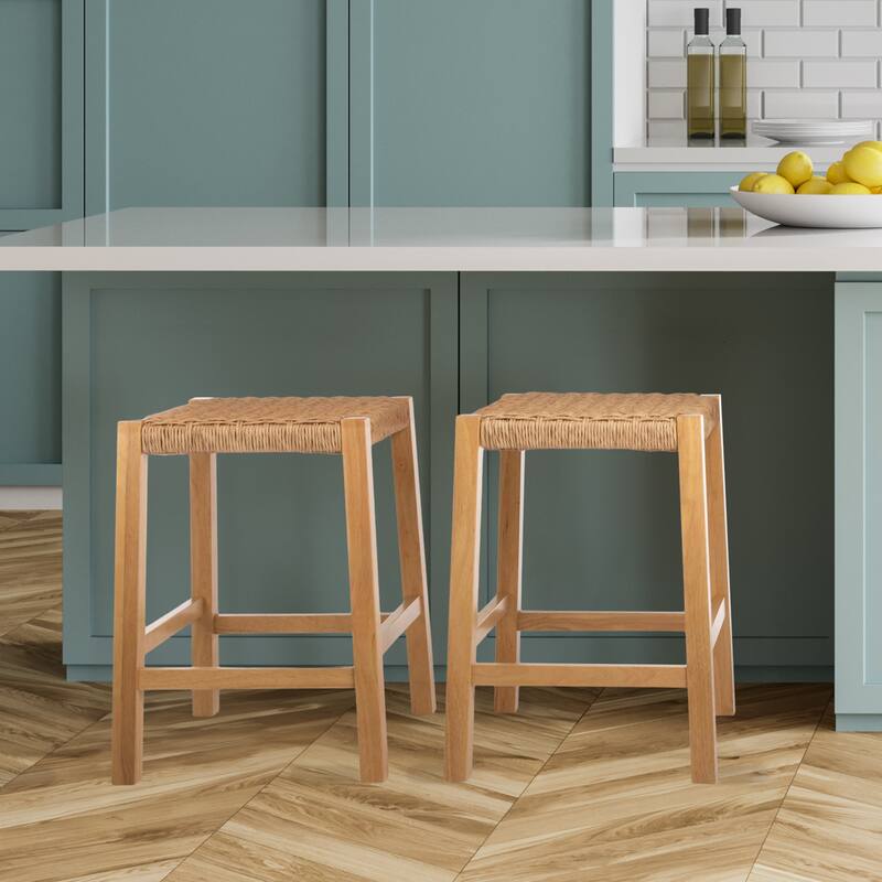 Newport 24"H Wood Counter Height Stool 24 with Handcrafted Woven Rope Seat, Natural