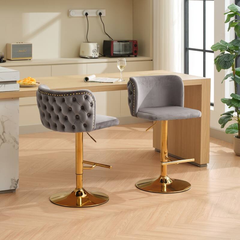 Swivel Barstools Adjusatble Seat Height With Gold-plating Base, Classic Velvet Upholstered Bar Stools with the whole Back Tufted - Gray