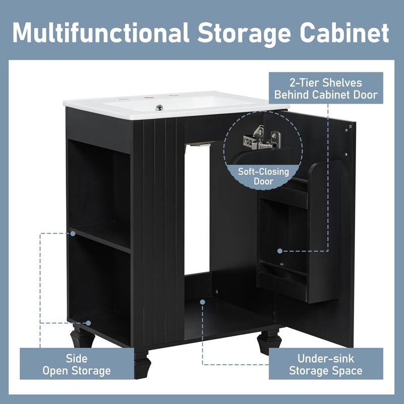 24" Bathroom Vanity with Ceramic Sink, Pine Wood Frame, Soft-Close Door & Side Open Storage