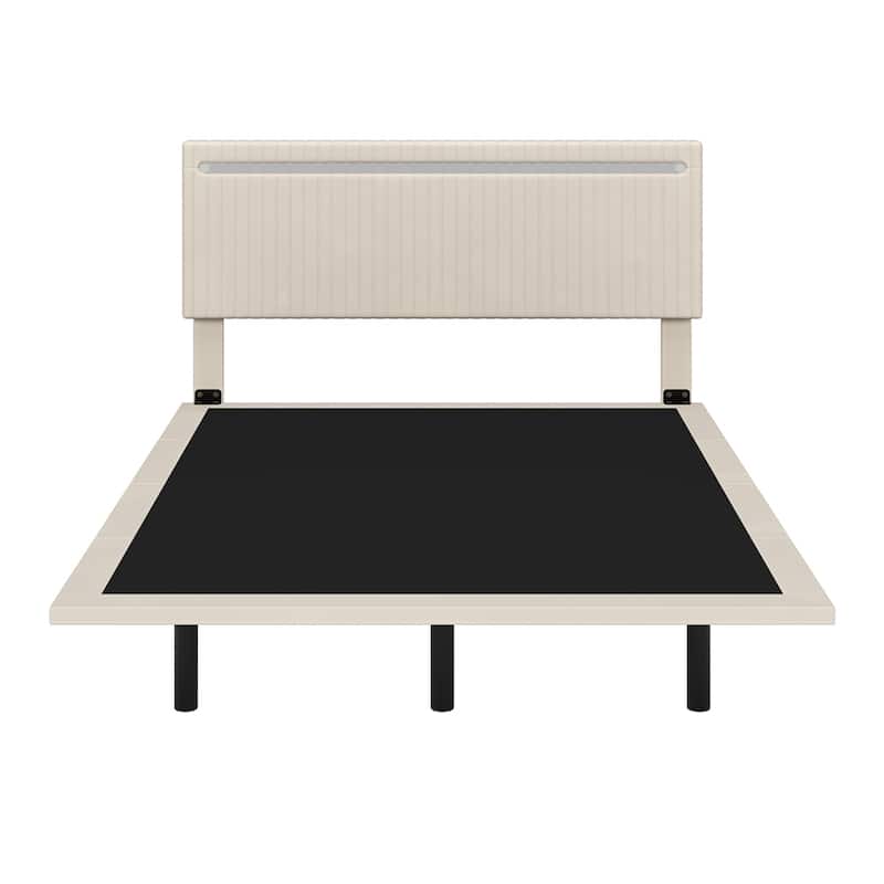 Modern Upholstered Floating Bed Frame w/LED Lights,Velvet Fabric Bed