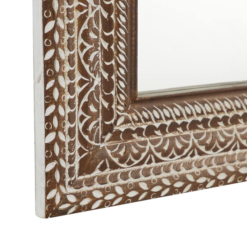 Wood Floral Room Wall Mirror with Detailed Cream Carvings - Brown - Roche River Decor