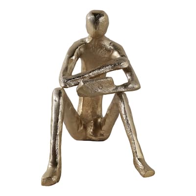 Metal Aluminum Figurine Sculptured Reading Man Modern - 7" Gold - 6" x 5.5" x 6.75"