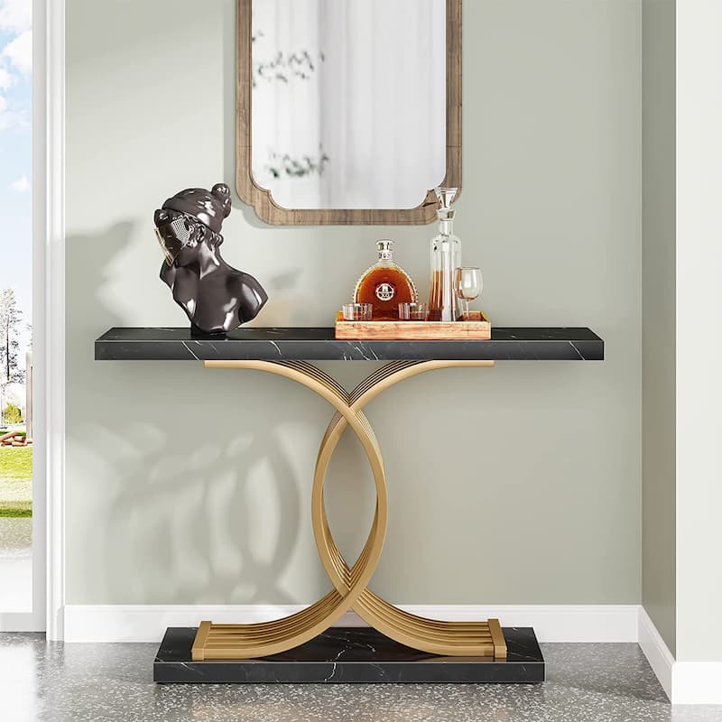 Modern Faux Marble Hallway Table with Geometric 40" Narrow - Black&Gold