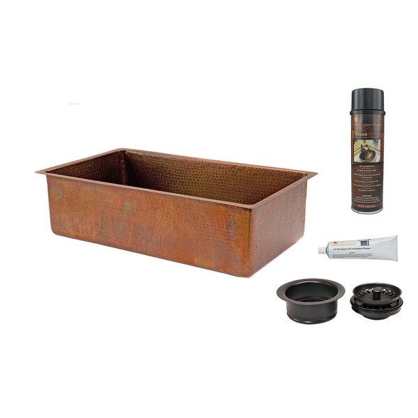 Premier Copper Products KSP3_KSB33199 33" Single Basin Drop In / Undermount 14-Gauge Copper Kitchen Sink with Matching Drain