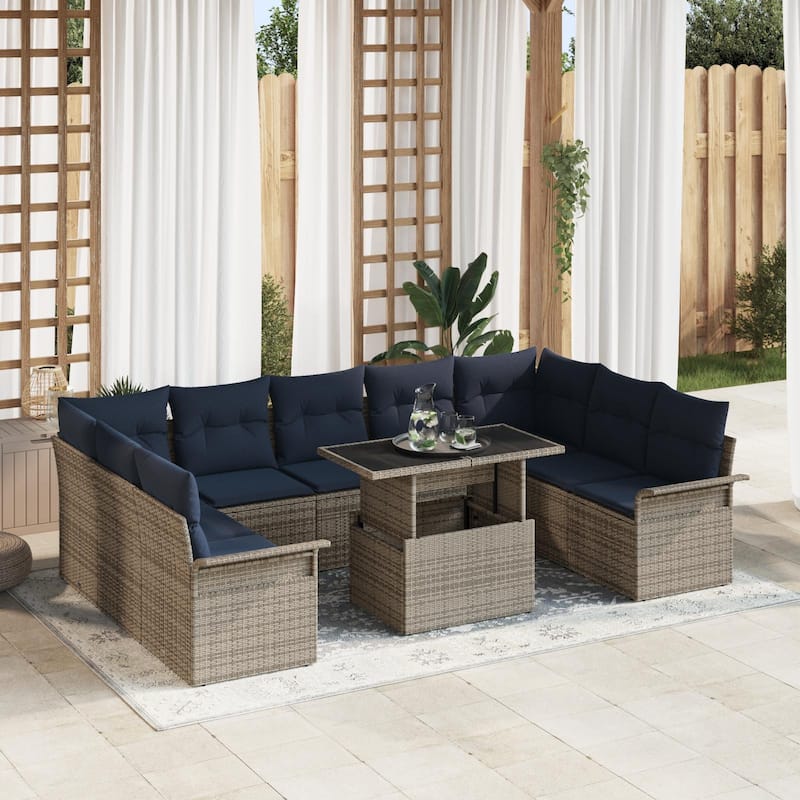 vidaXL 10 Garden Sofa Set with Cushions Black/Brown/Grey Poly Rattan - 113.8 x 73.8 x 27.2 - Grey