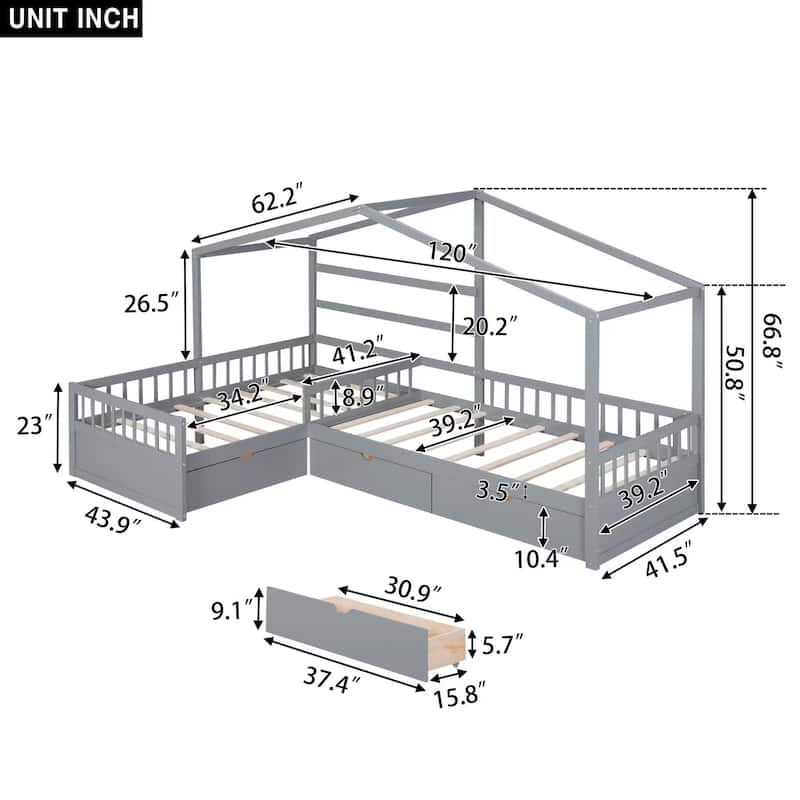 House Platform Bed with 3 Storage Drawers