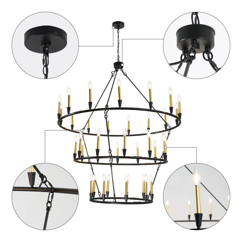3Tier Wagon Wheel Chandelier Extra Large Chandeliers for High Ceilings - 36-Light