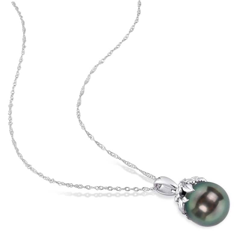 Miadora Black Tahitian Cultured Pearl and Diamond Accent Pendant in 14k White Gold (9-10mm)