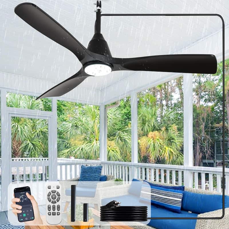 Waterproof Outdoor Ceiling Fan with Light: Plug-in Hanging Fan, Remote App Control, 3CCT, 6-Speed
