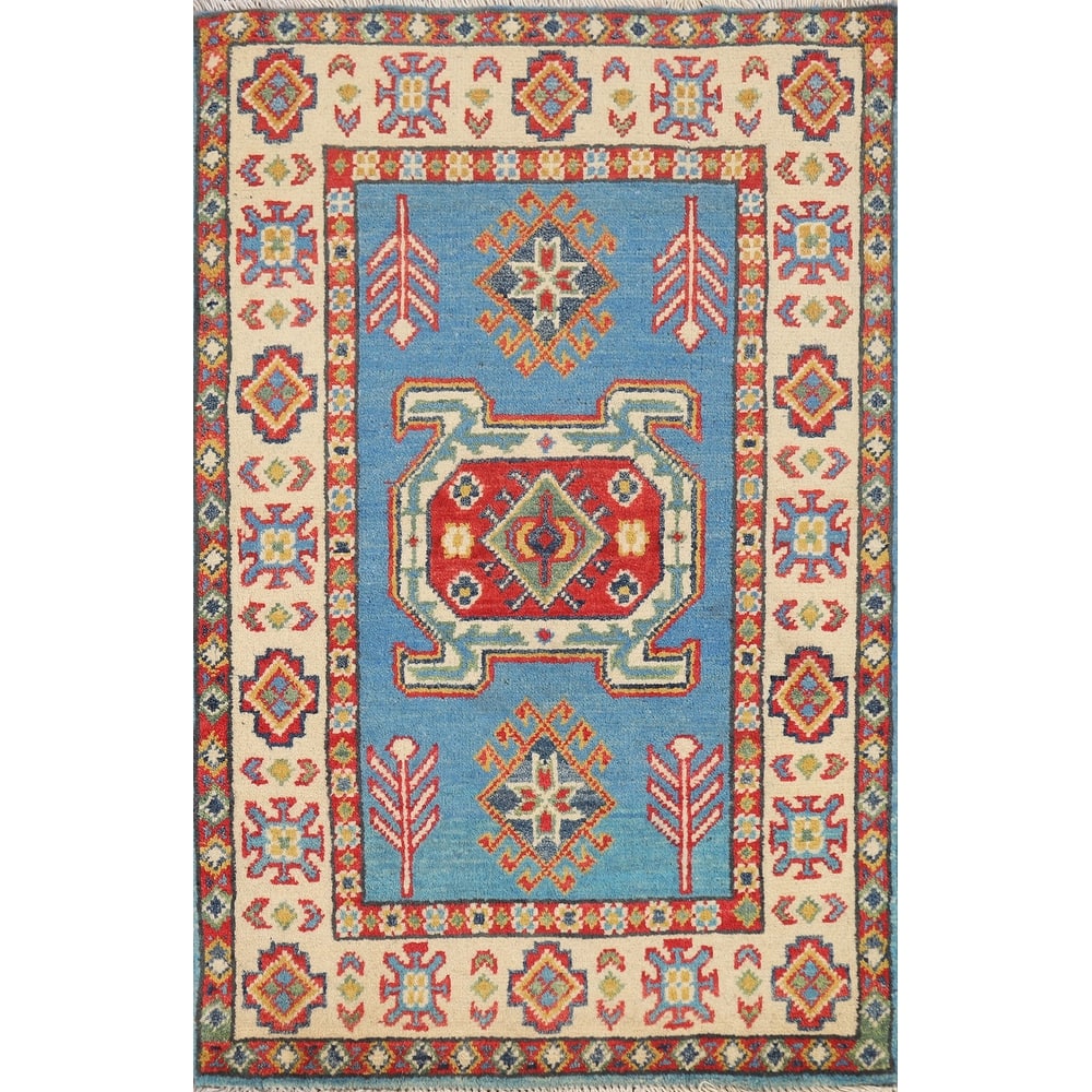 Traditional Kazak Oriental Foyer Rug Handmade Blue Wool Carpet - 2'0"x 3'0"