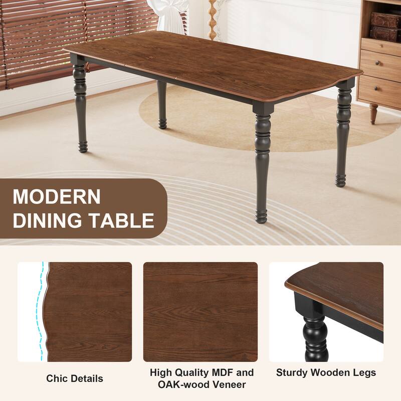 Roomfitters 7-Piece Extendable Dining Table Set, 60-78 Inch Farmhouse Wood Table with Leaf & 6 Upholstered Chairs