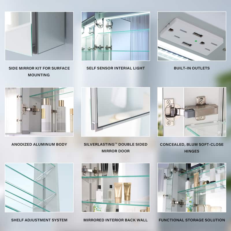 30" H Recessed or Surface LED Mirror Cabinet with Adjustable Glass Shelves,Defogger, Dimmer And Outlets & USB Ports
