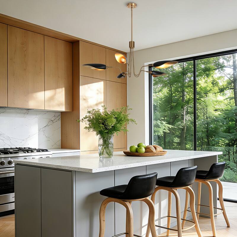 Mid-Century Modern 5-Light Black Gold Chandelier Wheel Pendant Lights with Metal Shades - 40" D x 16.1" H