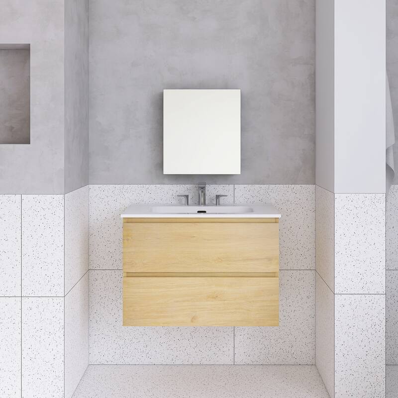 Floating Integrated Bathroom Vanity with Ceramic Sink, Three Faucet Holes