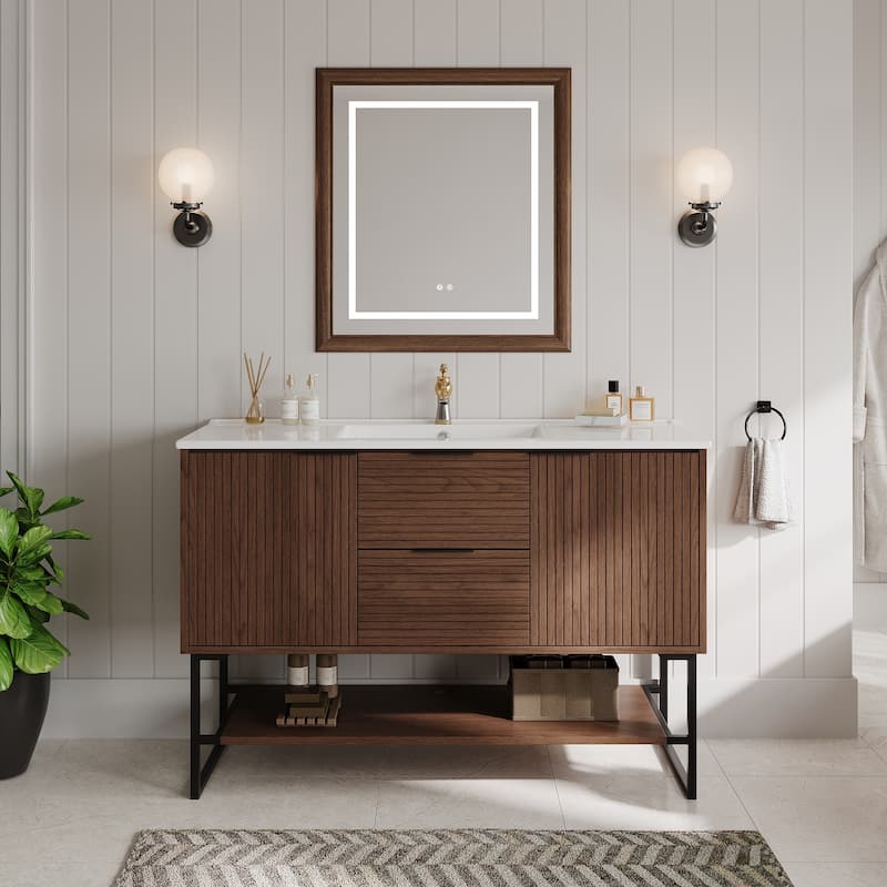 47'' Single Bathroom Vanities with White Stone Top, Brown Solid Wood