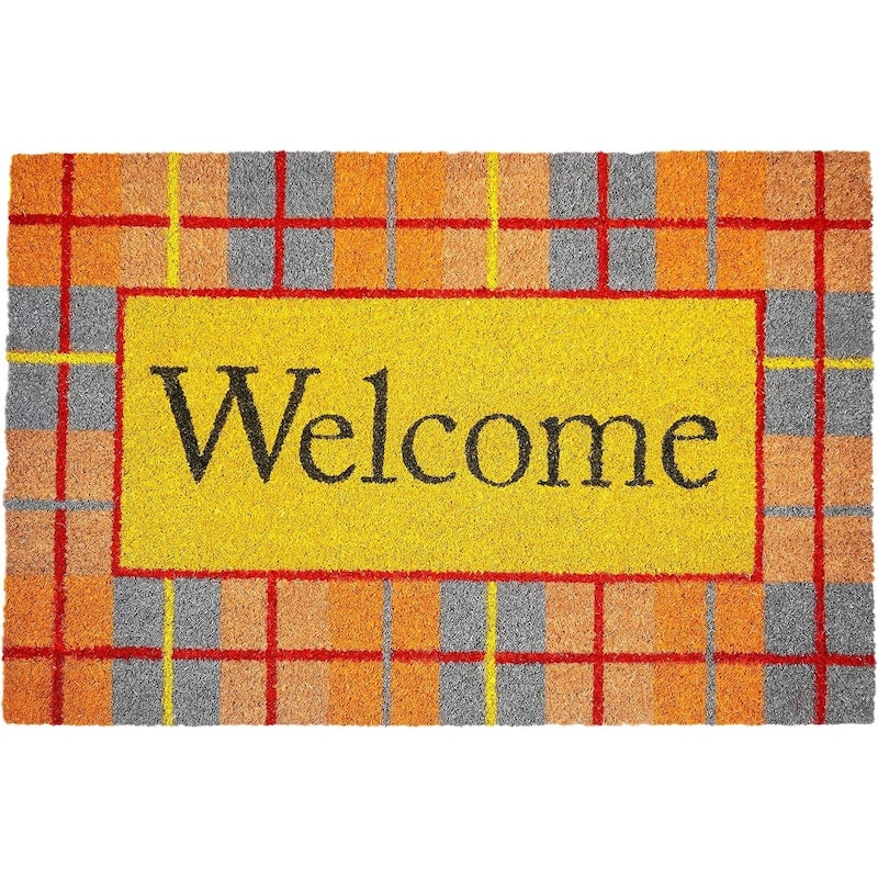 HomeRoots 17" X 29" Gray Natural Orange And Yellow Fall Plaid Welcome Outdoor Coir Door Mat - 17.00' X '29.00
