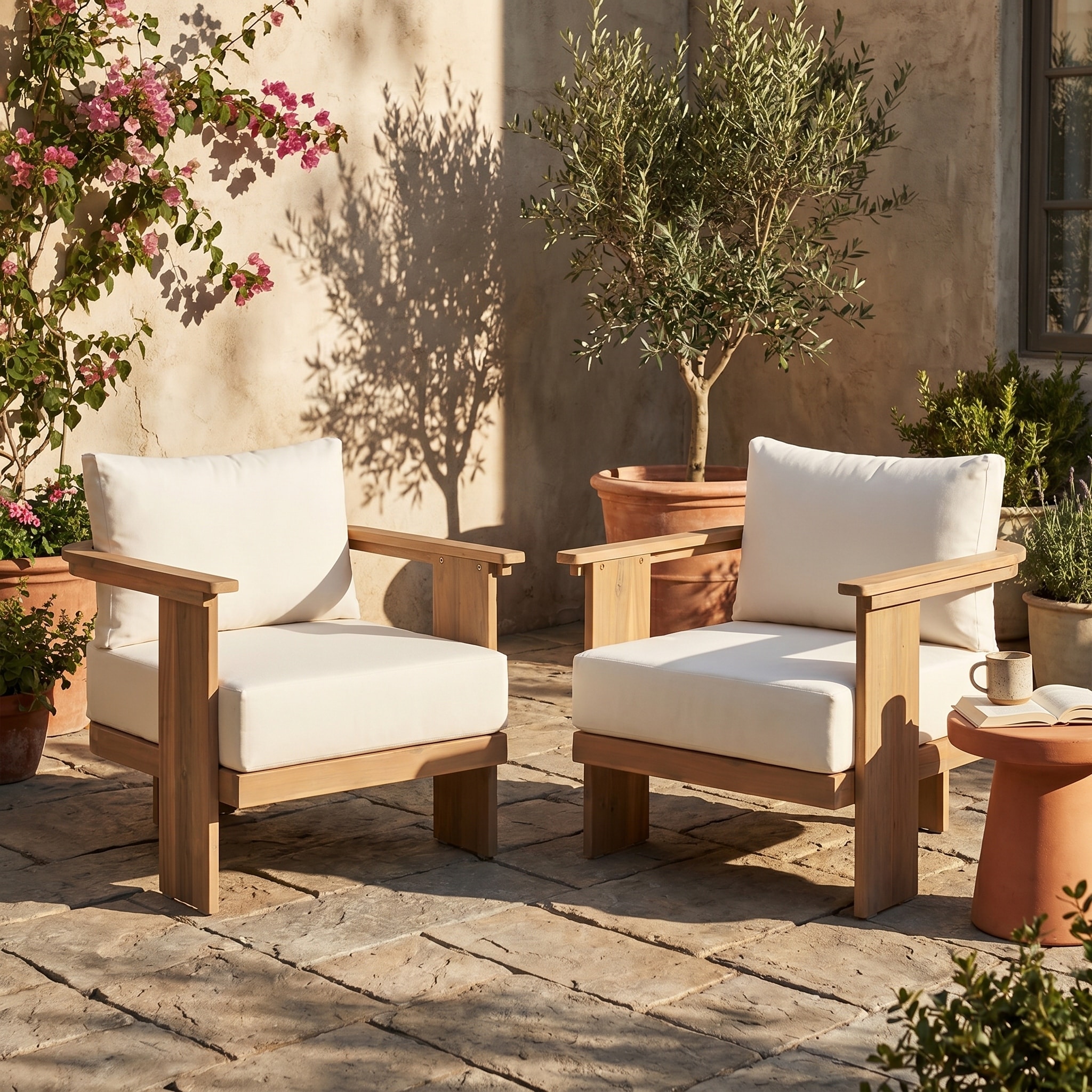 Christopher Knight Home - Solterra Mid-Century Set of 2 Outdoor Lounge Chairs, Acacia Wood Armrests & Water-Resistant Cushions